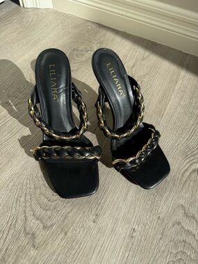 Liliana Black Square Toe Heeled Sandals with Gold Chain Detail